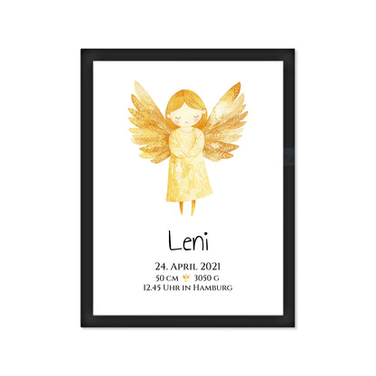 Personalisiertes Babygeschenk zur Geburt & Taufe mit Schutzengel, Geburtdaten oder Taufdaten - Taufgeschenk Geschenkidee Gerahmtes Poster schwarz Holzflair Schwarz