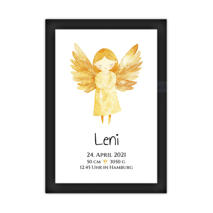 Personalisiertes Babygeschenk zur Geburt & Taufe mit Schutzengel, Geburtdaten oder Taufdaten - Taufgeschenk Geschenkidee Gerahmtes Poster schwarz Holzflair Schwarz