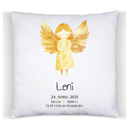 Personalisiertes Babygeschenk zur Geburt & Taufe mit Schutzengel, Geburtdaten oder Taufdaten - Taufgeschenk Geschenkidee Premium Kissen (Plüschoberfläche) Premium Kissen