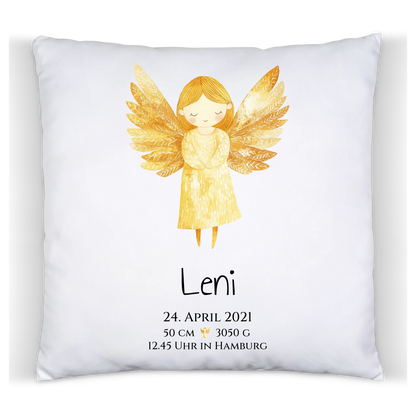 Personalisiertes Babygeschenk zur Geburt & Taufe mit Schutzengel, Geburtdaten oder Taufdaten - Taufgeschenk Geschenkidee Kissen Baumwolle Baumwollkissen