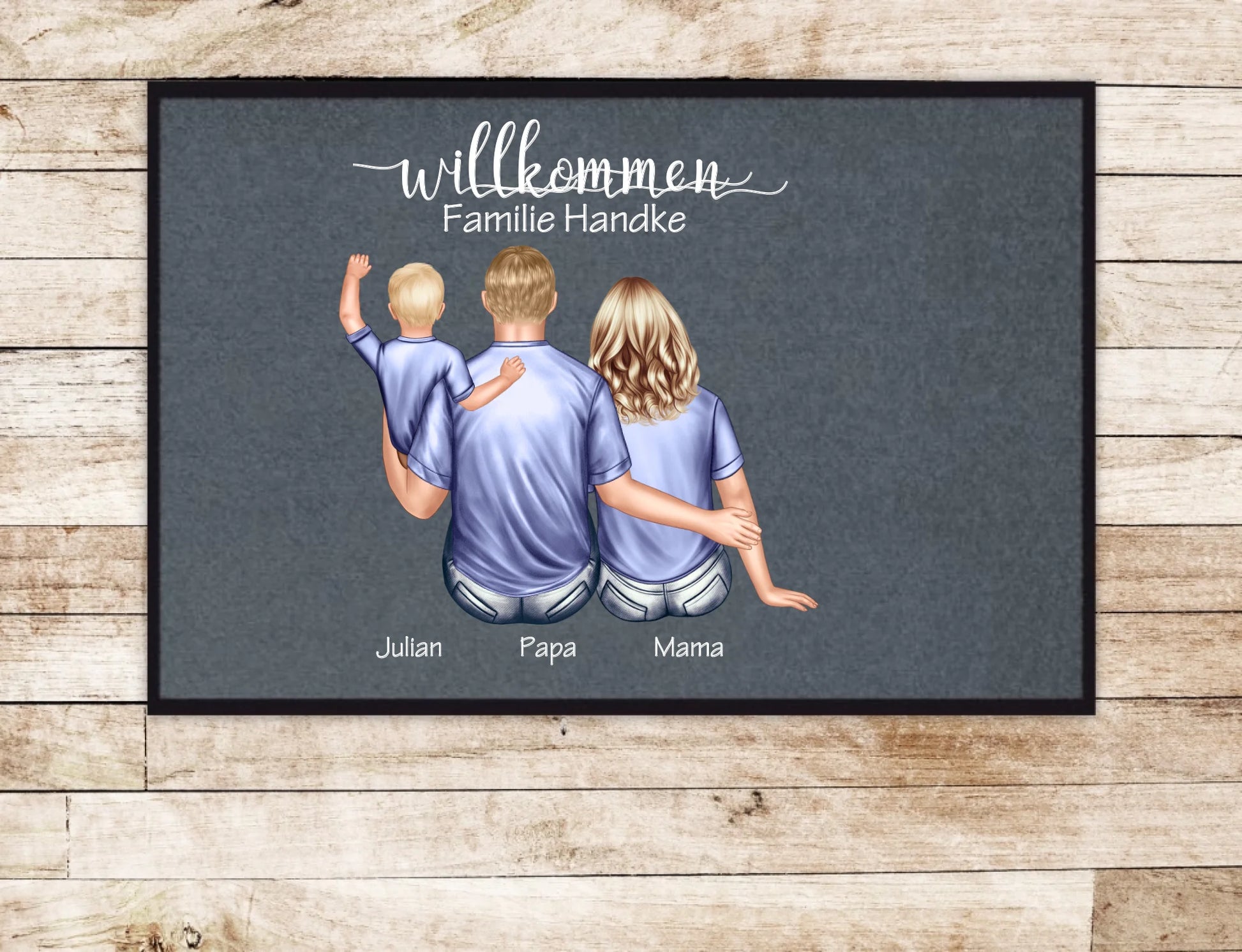Personalisierte Fußmatte Geschenk Familie Mama | Papa mit Baby und Name | Dekofußmatte Fußmatte 60x40 + 70x50 cm mit Gummirand Grau - Lieferung DE & AU 60x40 cm