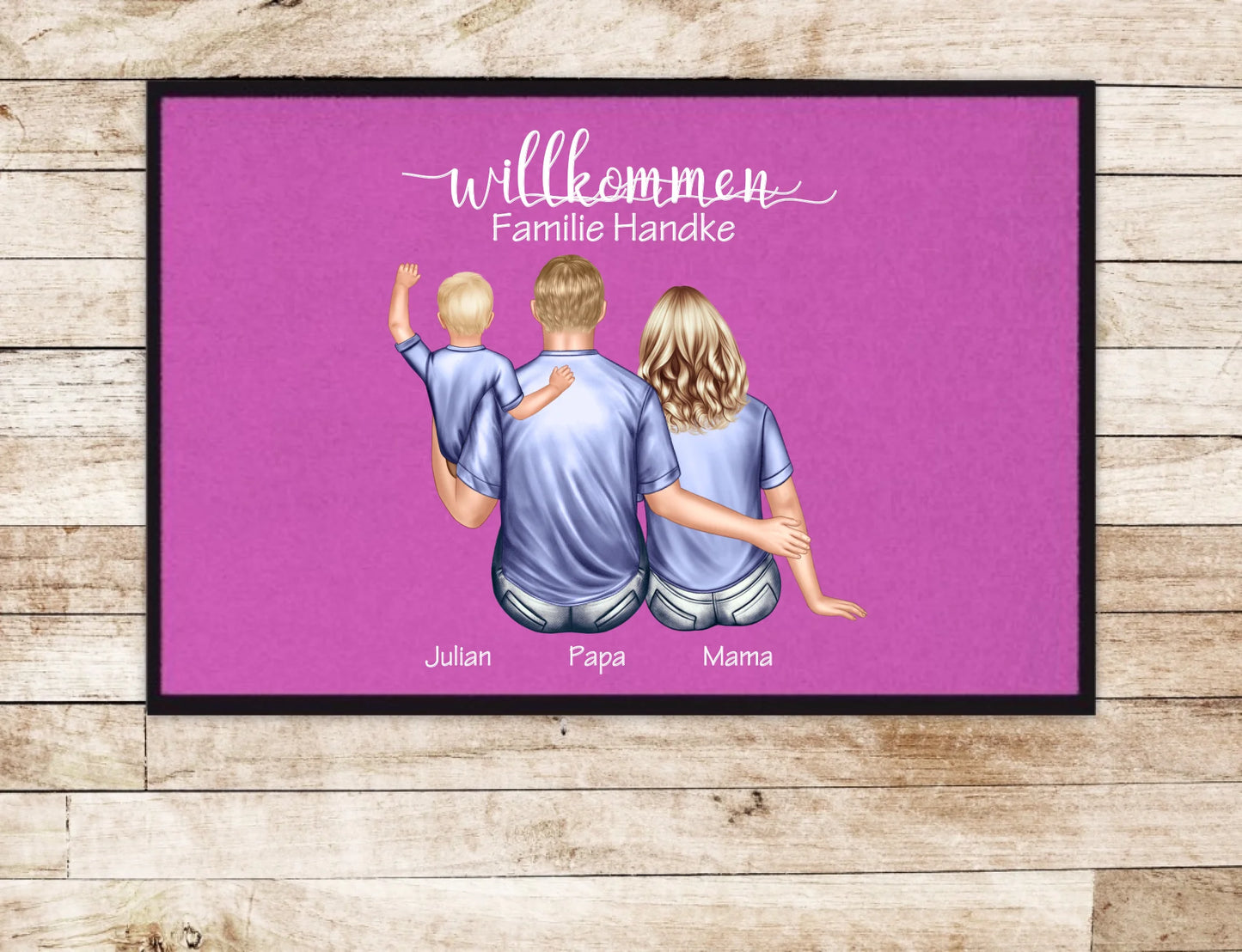 Personalisierte Fußmatte Geschenk Familie Mama | Papa mit Baby und Name | Dekofußmatte Fußmatte 60x40 + 70x50 cm mit Gummirand Pink - Lieferung DE & AU 60x40 cm