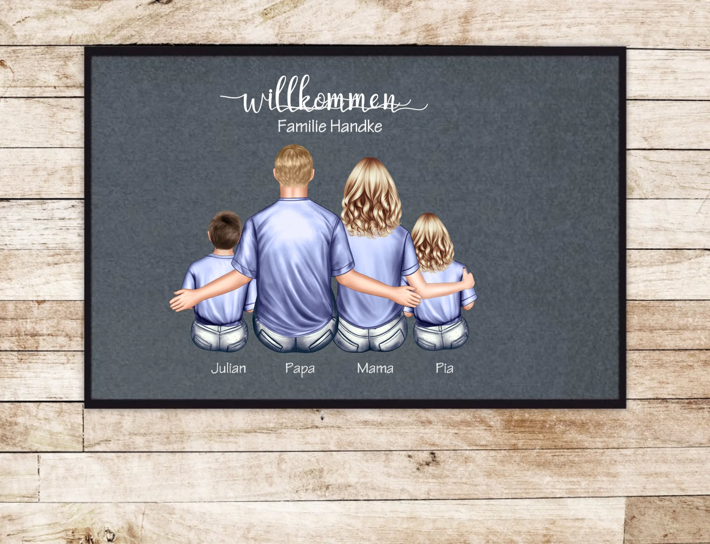 Geschenk Familie | Personalisierte Fußmatte Familie Mama | Papa, 2 Kindern mit Name | Dekofußmatte Fußmatte 60x40 + 70x50 cm mit Gummirand Grau - Lieferung DE & AU 60x40 cm