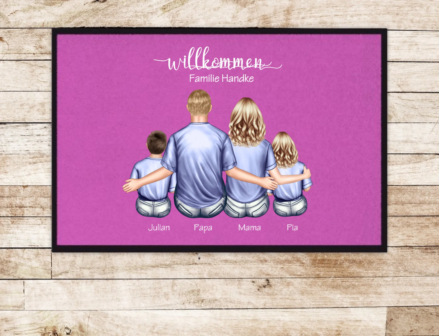 Geschenk Familie | Personalisierte Fußmatte Familie Mama | Papa, 2 Kindern mit Name | Dekofußmatte Fußmatte 60x40 + 70x50 cm mit Gummirand Pink - Lieferung DE & AU 60x40 cm