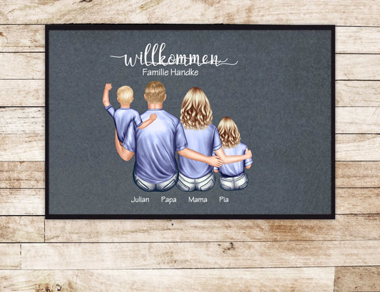 Geschenk Familie | Personalisierte Fußmatte Familie Mama | Papa, 2 Kindern, Baby mit Name | Dekofußmatte Fußmatte 60x40 + 70x50 cm mit Gummirand Grau - Lieferung DE & AU 60x40 cm