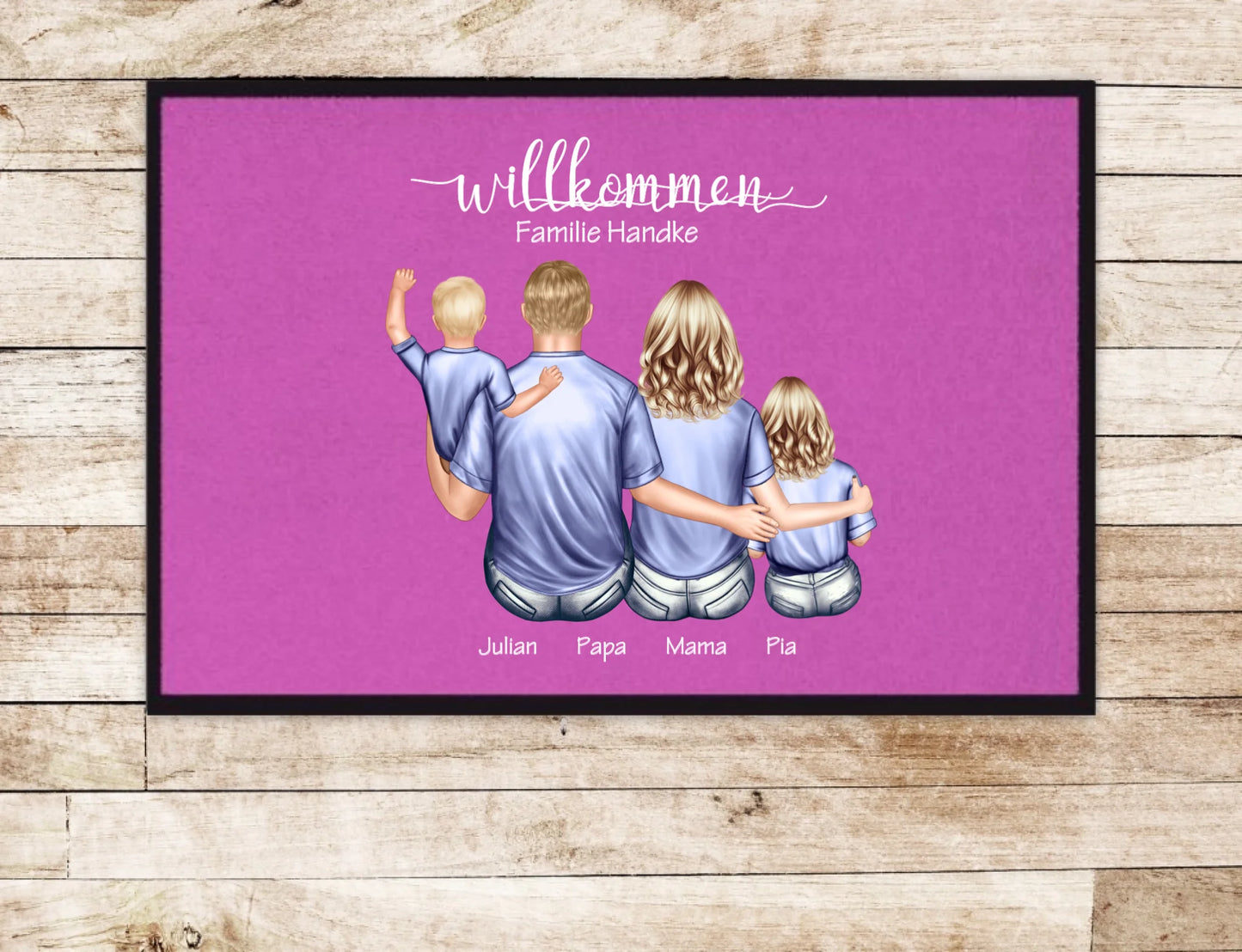 Geschenk Familie | Personalisierte Fußmatte Familie Mama | Papa, 2 Kindern, Baby mit Name | Dekofußmatte Fußmatte 60x40 + 70x50 cm mit Gummirand Pink - Lieferung DE & AU 60x40 cm