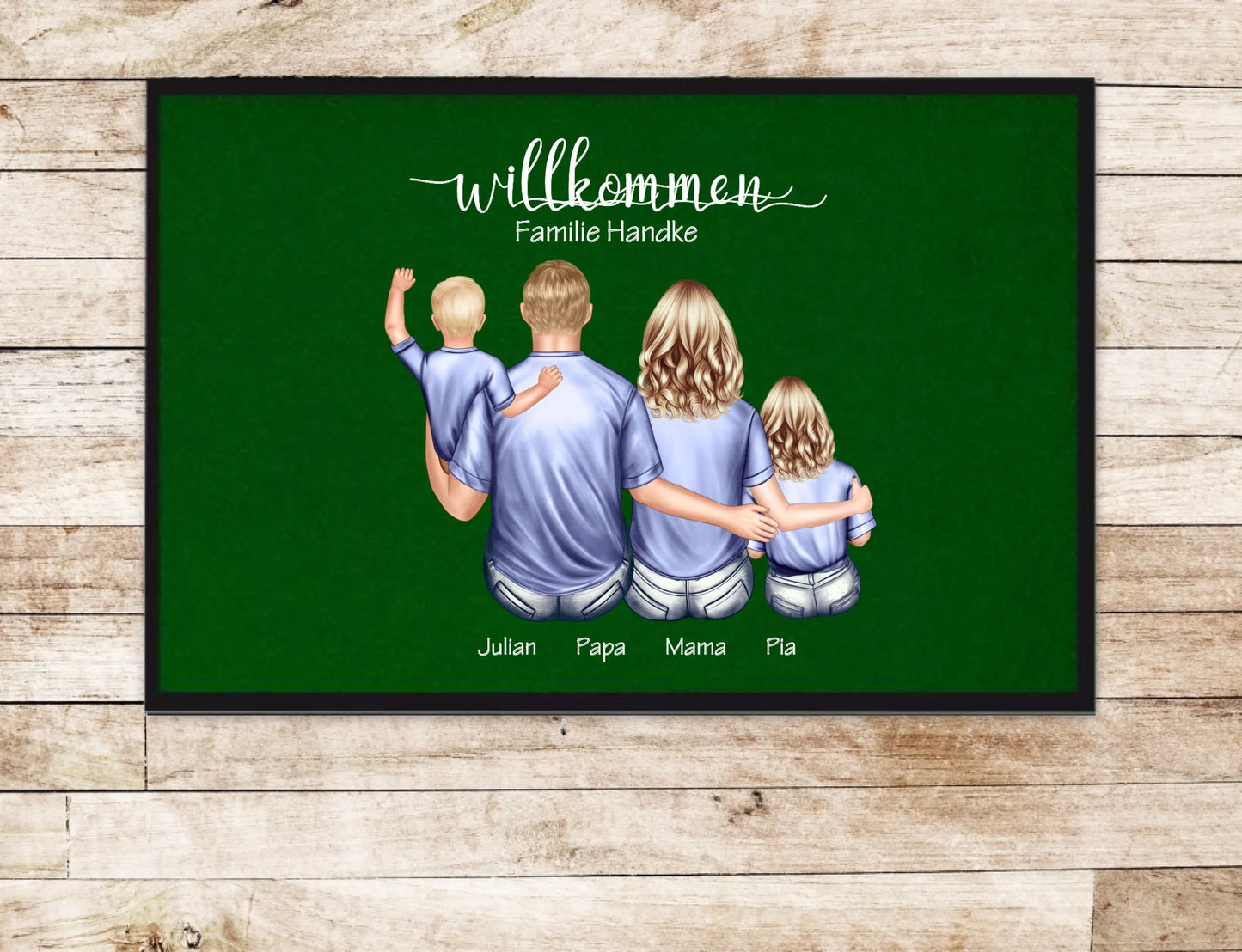Geschenk Familie | Personalisierte Fußmatte Familie Mama | Papa, 2 Kindern, Baby mit Name | Dekofußmatte Fußmatte 60x40 + 70x50 cm mit Gummirand Grün - Lieferung DE & AU 60x40 cm