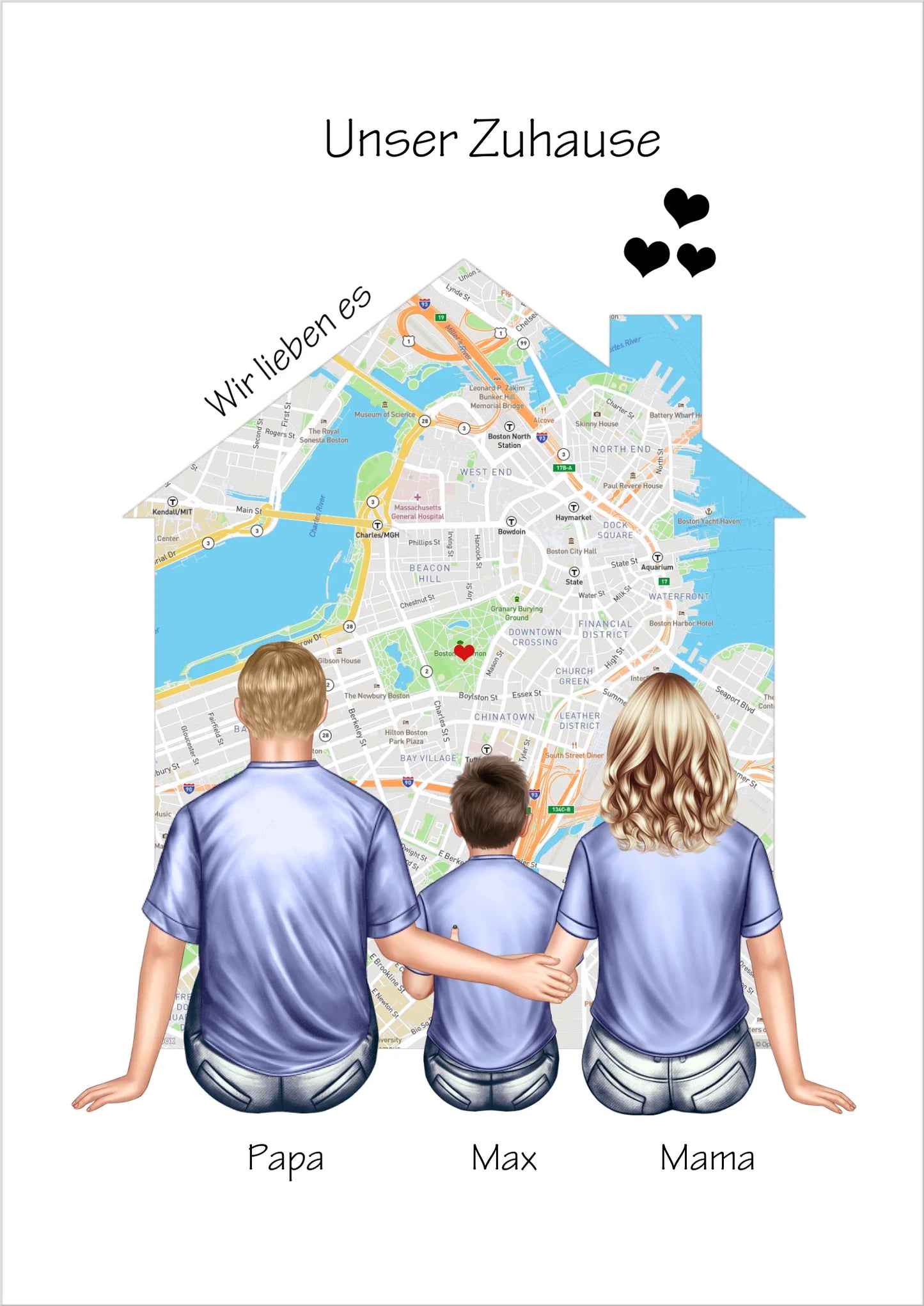 Unser Zuhause Familienbild Eltern mit 1 Kind Poster als Einzugsgeschenk in Wohnung, Haus Poster Poster