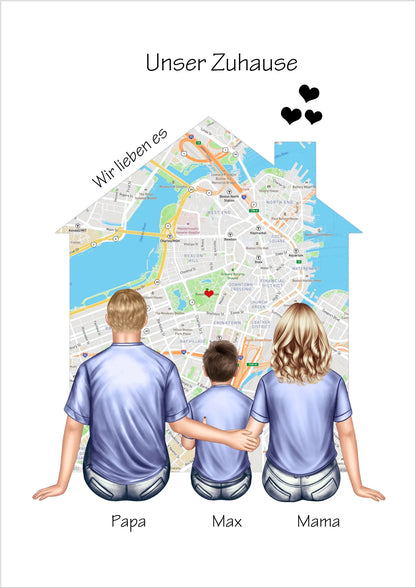 Unser Zuhause Familienbild Eltern mit 1 Kind Poster als Einzugsgeschenk in Wohnung, Haus Poster Poster