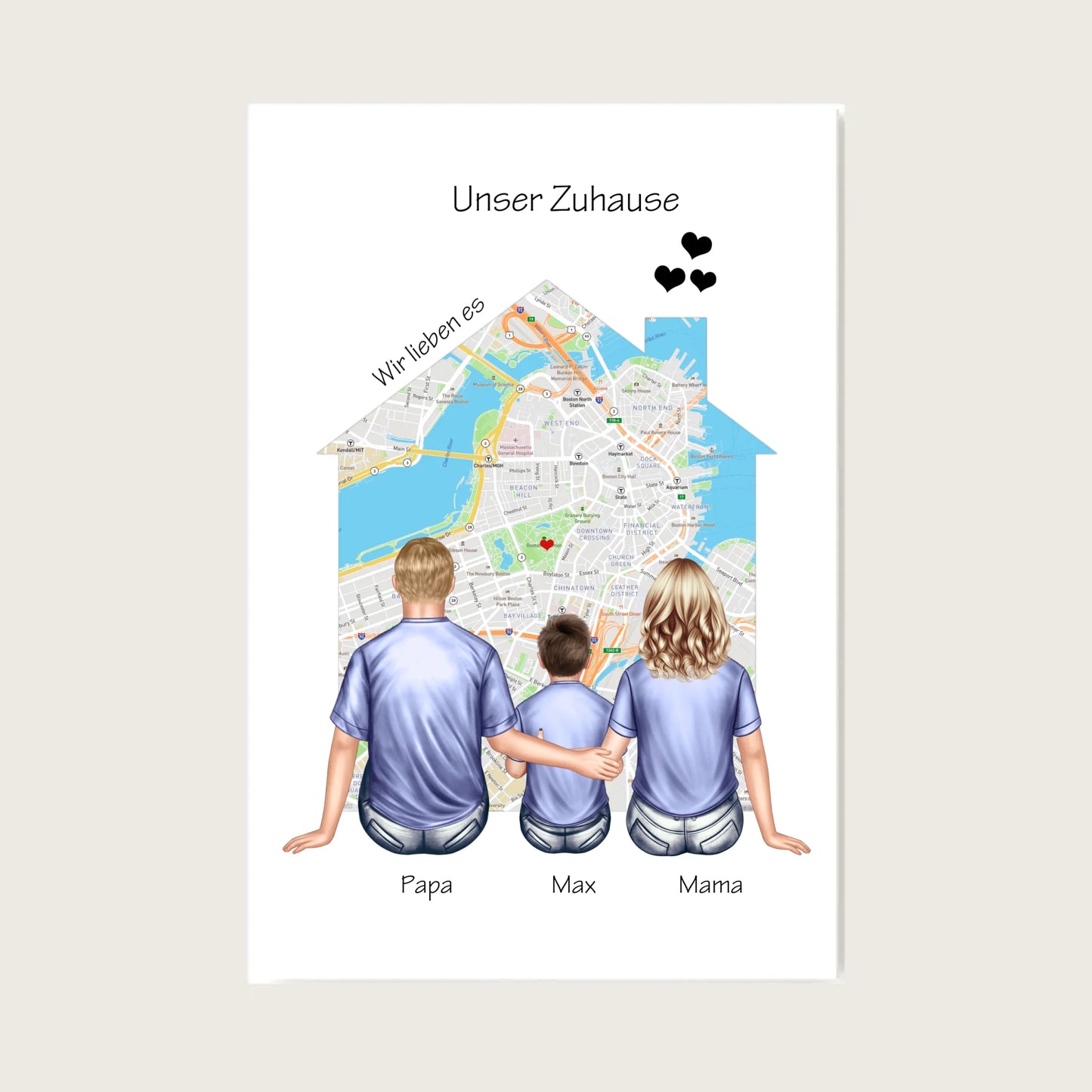 Unser Zuhause Familienbild Eltern mit 1 Kind Poster als Einzugsgeschenk in Wohnung, Haus Leinwanddruck Leinwandbild