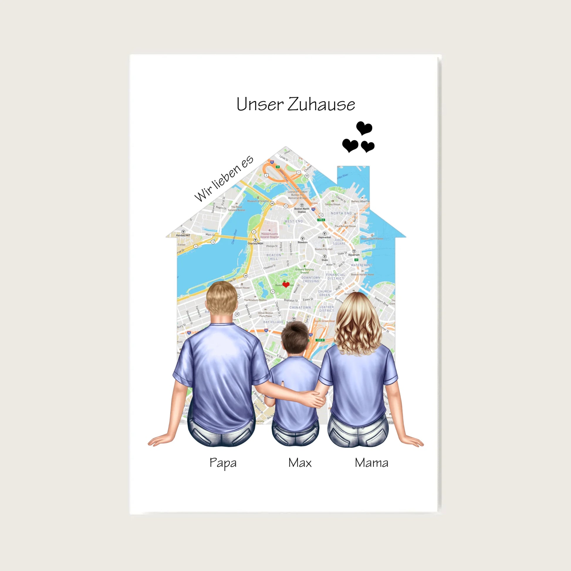 Unser Zuhause Familienbild Eltern mit 1 Kind Poster als Einzugsgeschenk in Wohnung, Haus Leinwanddruck Leinwandbild