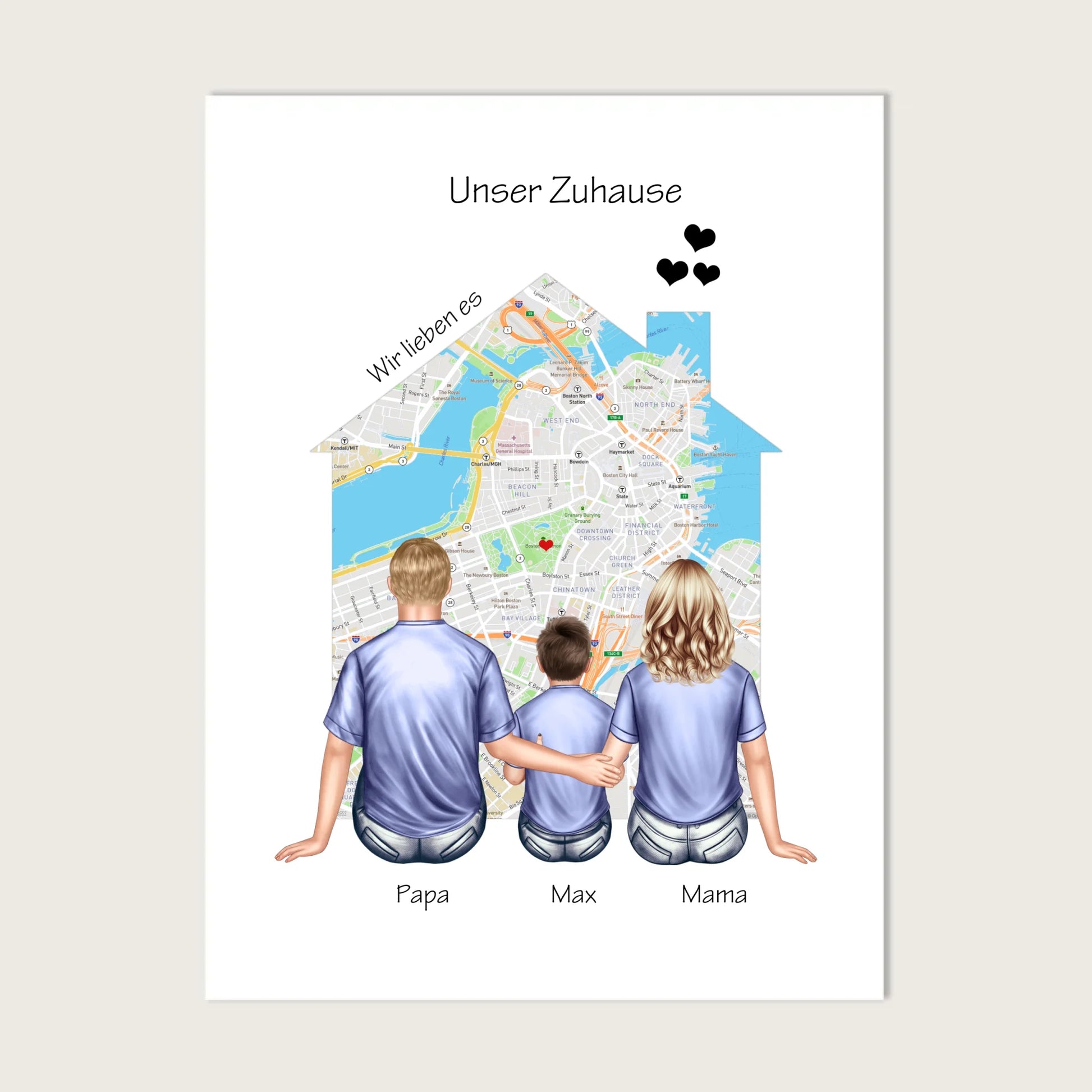 Unser Zuhause Familienbild Eltern mit 1 Kind Poster als Einzugsgeschenk in Wohnung, Haus