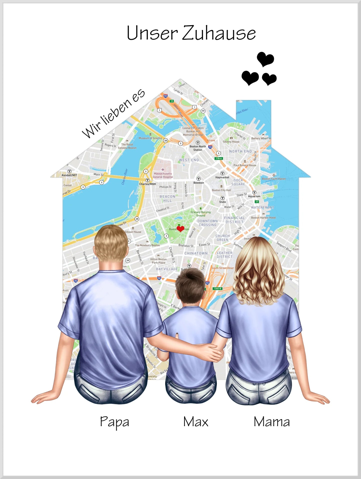 Unser Zuhause Familienbild Eltern mit 1 Kind Poster als Einzugsgeschenk in Wohnung, Haus Leinwanddruck Leinwandbild