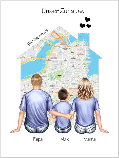 Unser Zuhause Familienbild Eltern mit 1 Kind Poster als Einzugsgeschenk in Wohnung, Haus Leinwanddruck Leinwandbild