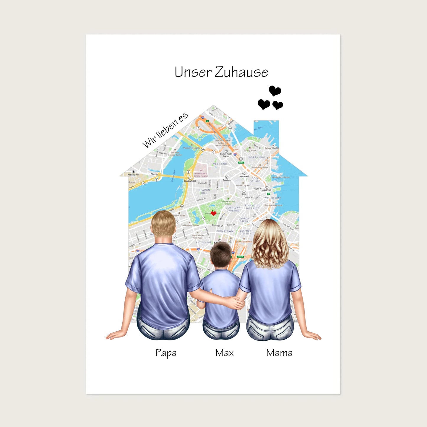 Unser Zuhause Familienbild Eltern mit 1 Kind Poster als Einzugsgeschenk in Wohnung, Haus