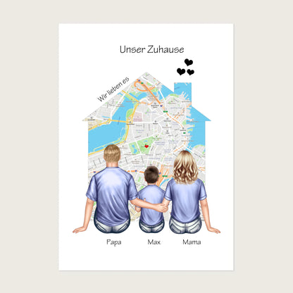 Unser Zuhause Familienbild Eltern mit 1 Kind Poster als Einzugsgeschenk in Wohnung, Haus