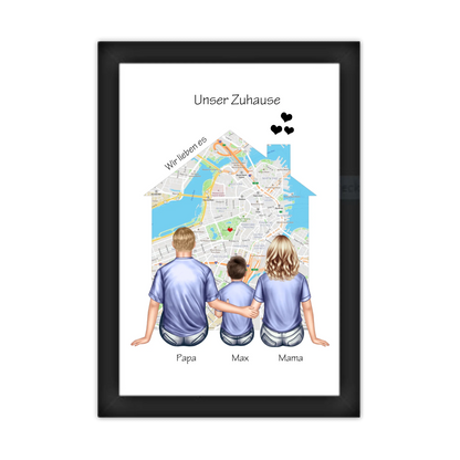 Unser Zuhause Familienbild Eltern mit 1 Kind Poster als Einzugsgeschenk in Wohnung, Haus Gerahmtes Poster schwarz Holzflair Schwarz