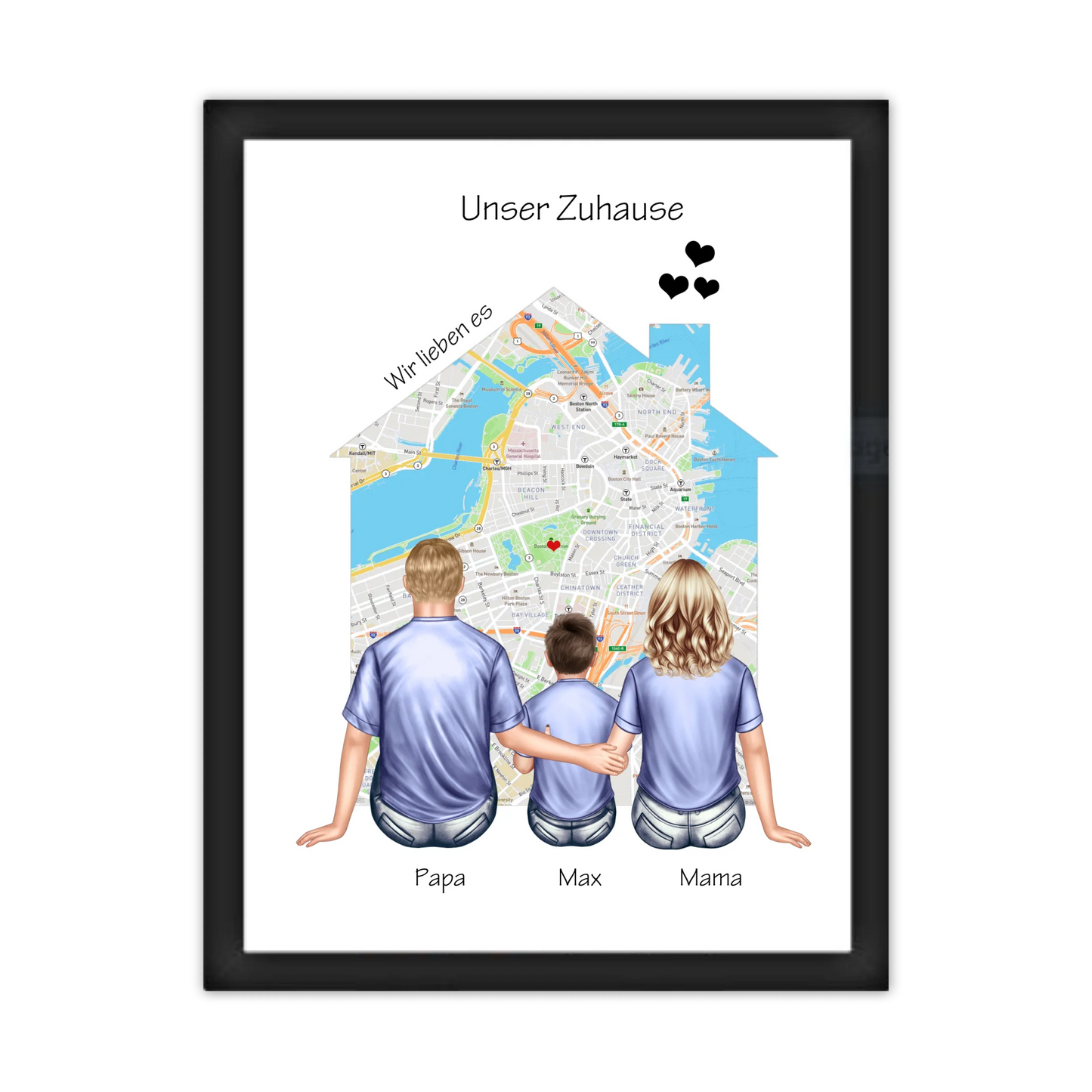 Unser Zuhause Familienbild Eltern mit 1 Kind Poster als Einzugsgeschenk in Wohnung, Haus Gerahmtes Poster schwarz Holzflair Schwarz