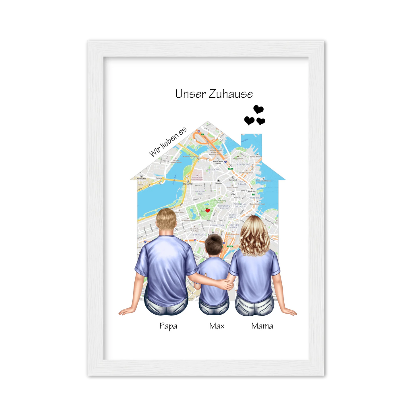 Unser Zuhause Familienbild Eltern mit 1 Kind Poster als Einzugsgeschenk in Wohnung, Haus Gerahmtes Poster weiß Holzflair Weiß