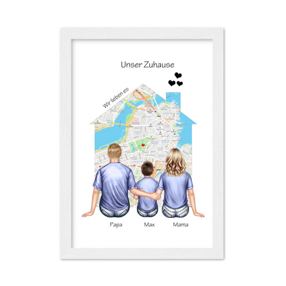 Unser Zuhause Familienbild Eltern mit 1 Kind Poster als Einzugsgeschenk in Wohnung, Haus Gerahmtes Poster weiß Holzflair Weiß