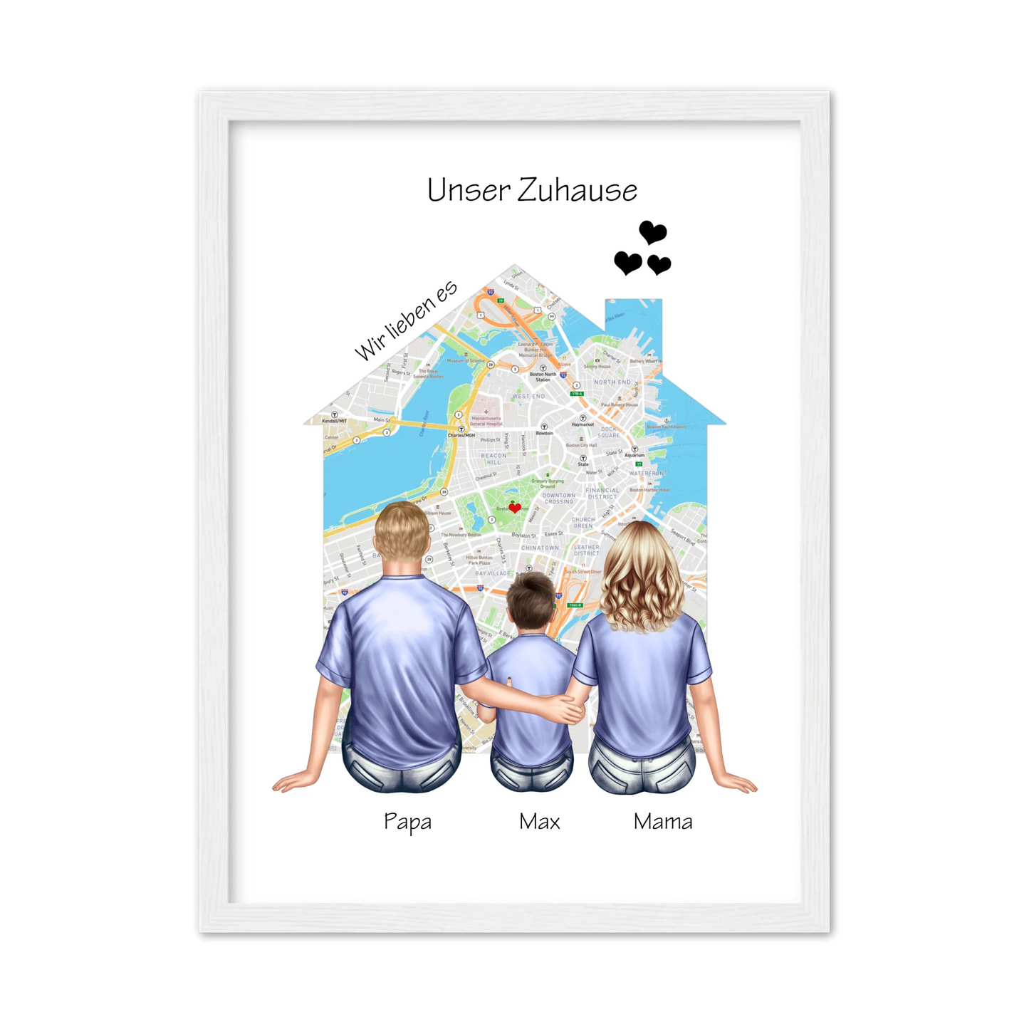 Unser Zuhause Familienbild Eltern mit 1 Kind Poster als Einzugsgeschenk in Wohnung, Haus Gerahmtes Poster weiß Holzflair Weiß