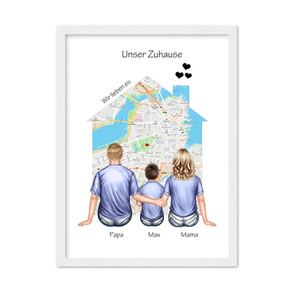 Unser Zuhause Familienbild Eltern mit 1 Kind Poster als Einzugsgeschenk in Wohnung, Haus Gerahmtes Poster weiß Holzflair Weiß