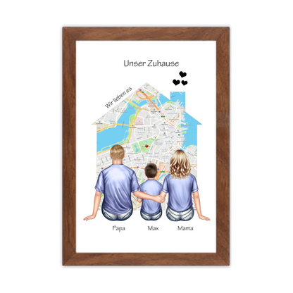 Unser Zuhause Familienbild Eltern mit 1 Kind Poster als Einzugsgeschenk in Wohnung, Haus Gerahmtes Poster Walnussflair Walnussflair