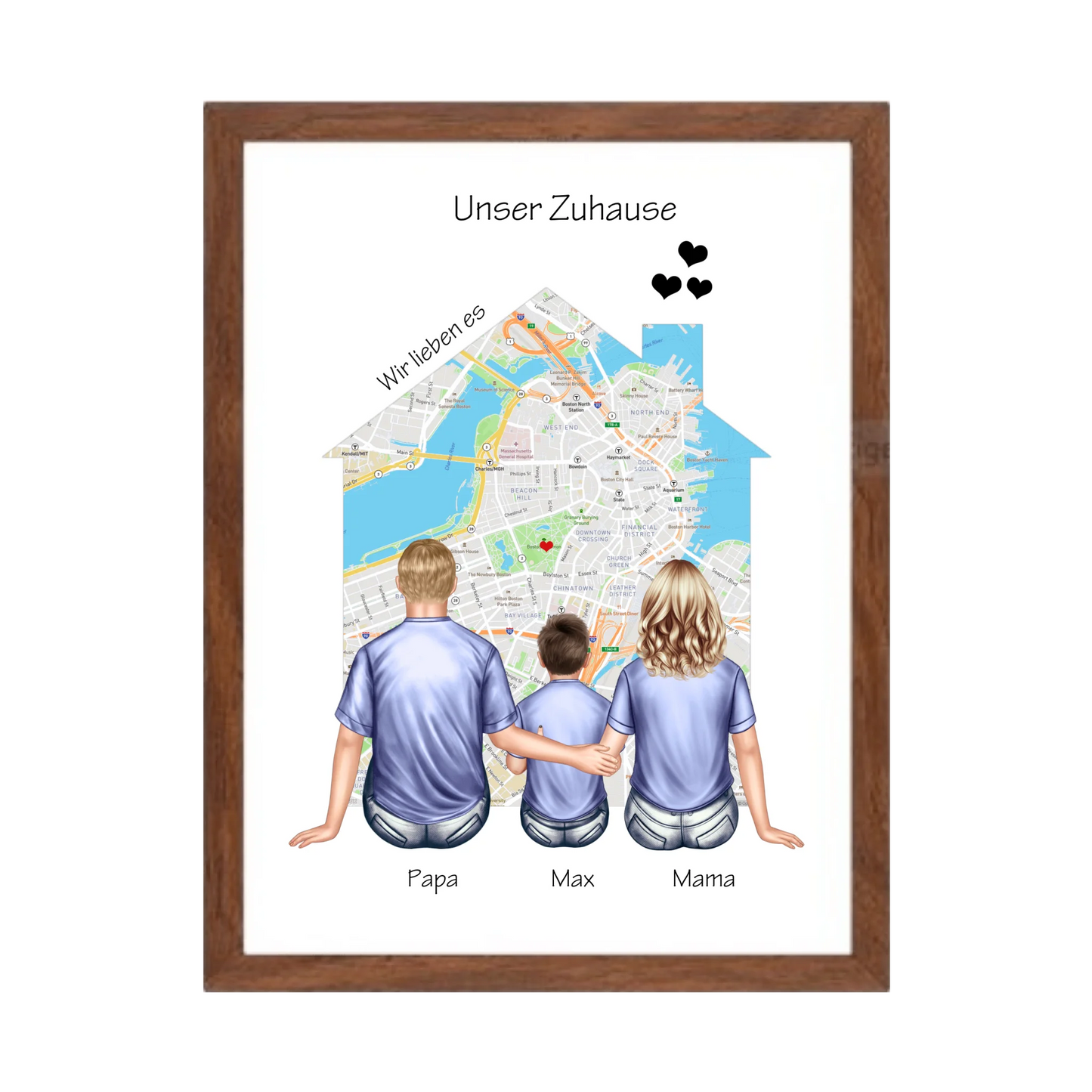 Unser Zuhause Familienbild Eltern mit 1 Kind Poster als Einzugsgeschenk in Wohnung, Haus Gerahmtes Poster Walnussflair Walnussflair