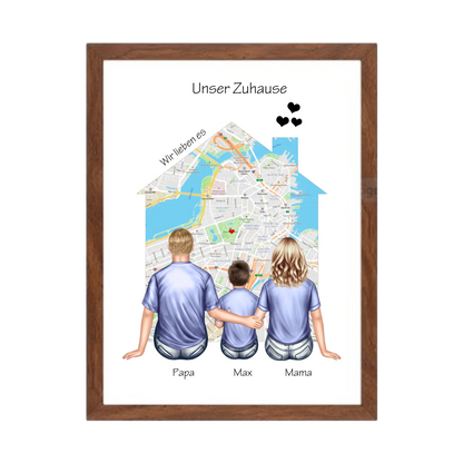 Unser Zuhause Familienbild Eltern mit 1 Kind Poster als Einzugsgeschenk in Wohnung, Haus Gerahmtes Poster Walnussflair Walnussflair
