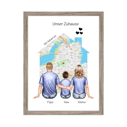 Unser Zuhause Familienbild Eltern mit 1 Kind Poster als Einzugsgeschenk in Wohnung, Haus Gerahmtes Poster Eichenflair Eichenflair