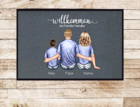 Personalisierte Fußmatte Geschenk Familie Mama | Papa, Kind mit Name | Dekofußmatte Fußmatte 60x40 + 70x50 cm mit Gummirand Grau - Lieferung DE & AU 60x40 cm