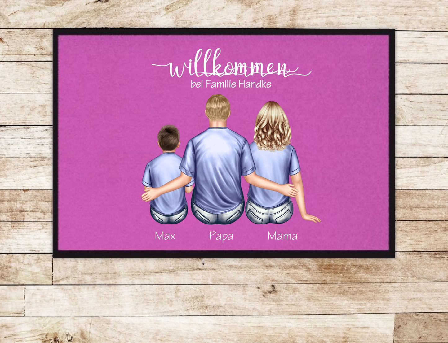 Personalisierte Fußmatte Geschenk Familie Mama | Papa, Kind mit Name | Dekofußmatte Fußmatte 60x40 + 70x50 cm mit Gummirand Pink - Lieferung DE & AU 60x40 cm
