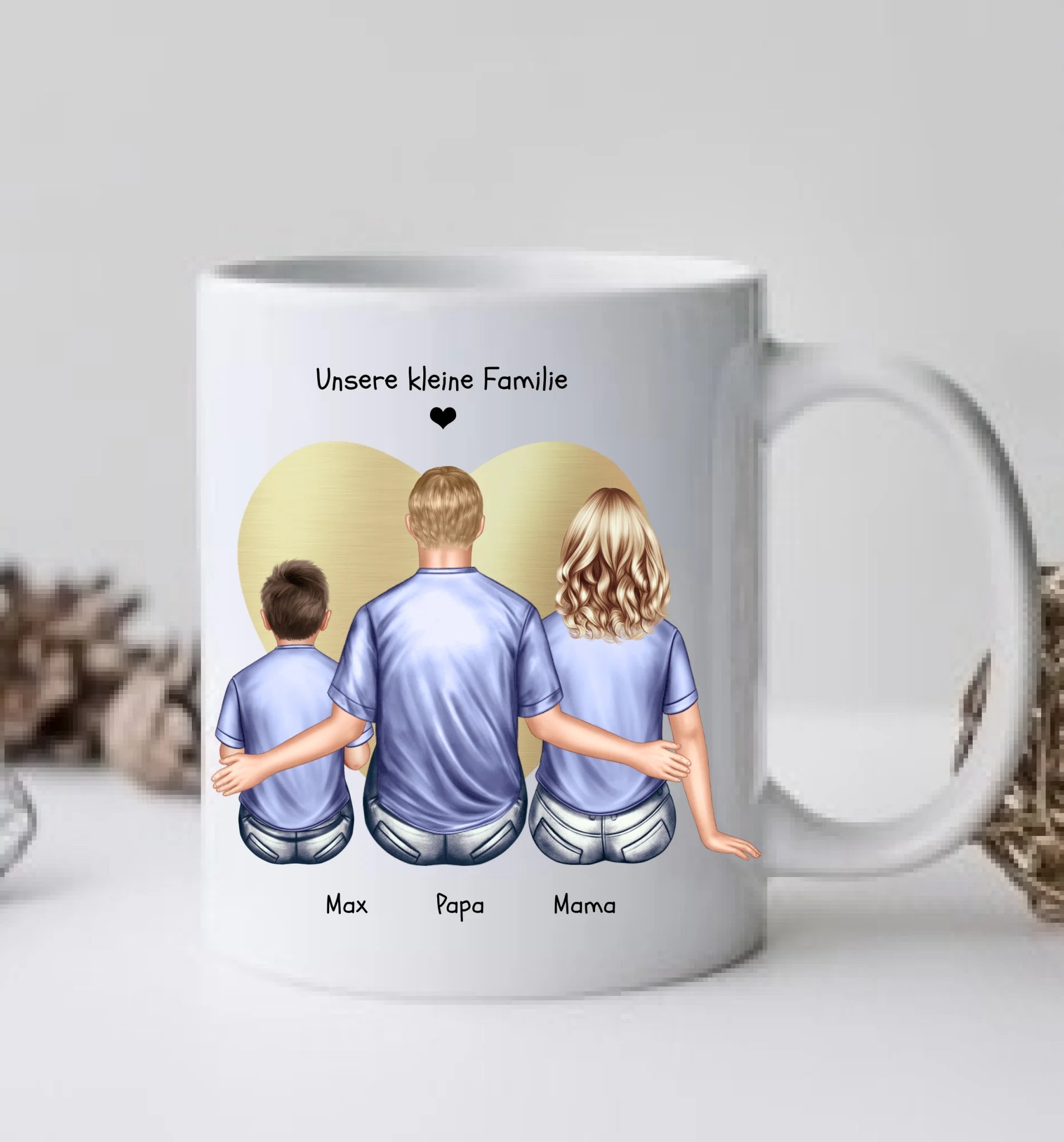 Muttertags- und Vatertagsgeschenk - Tasse personalisiert mit Mama, Papa mit Kind bedruckt
