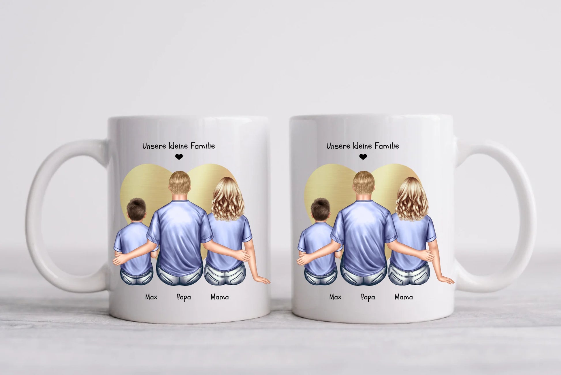 Muttertags- und Vatertagsgeschenk - Tasse personalisiert mit Mama, Papa mit Kind bedruckt
