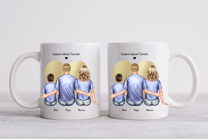 Muttertags- und Vatertagsgeschenk - Tasse personalisiert mit Mama, Papa mit Kind bedruckt