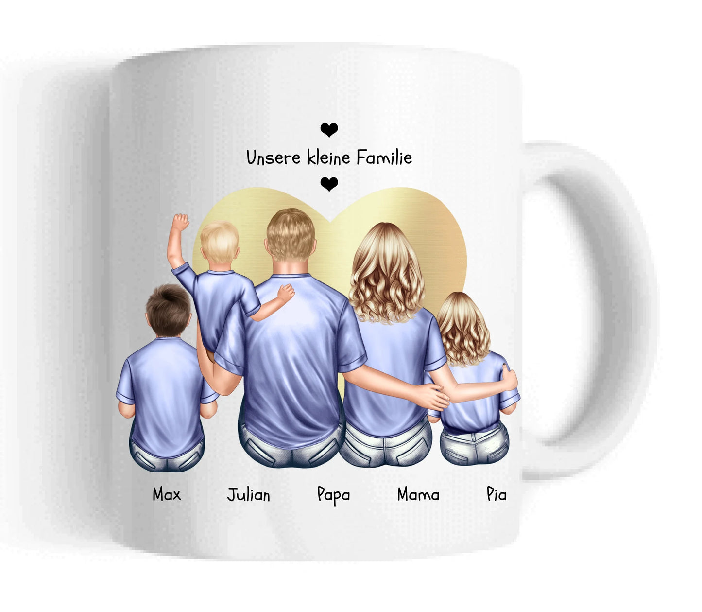 Muttertags- und Vatertagsgeschenk - Tasse personalisiert mit Eltern, Mama, Papa & 3 Kindern Keramiktasse 330 ml Mug Classic - Panorama