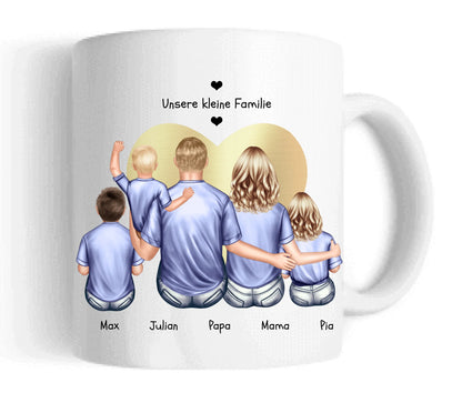 Muttertags- und Vatertagsgeschenk - Tasse personalisiert mit Eltern, Mama, Papa & 3 Kindern Keramiktasse 330 ml Mug Classic - Panorama