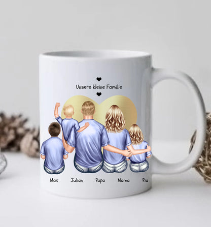 Muttertags- und Vatertagsgeschenk - Tasse personalisiert mit Eltern, Mama, Papa & 3 Kindern