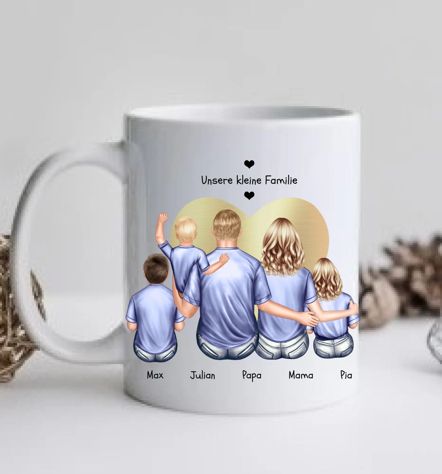 Muttertags- und Vatertagsgeschenk - Tasse personalisiert mit Eltern, Mama, Papa & 3 Kindern