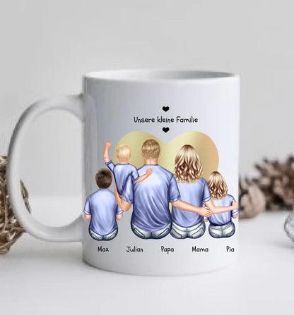 Muttertags- und Vatertagsgeschenk - Tasse personalisiert mit Eltern, Mama, Papa & 3 Kindern