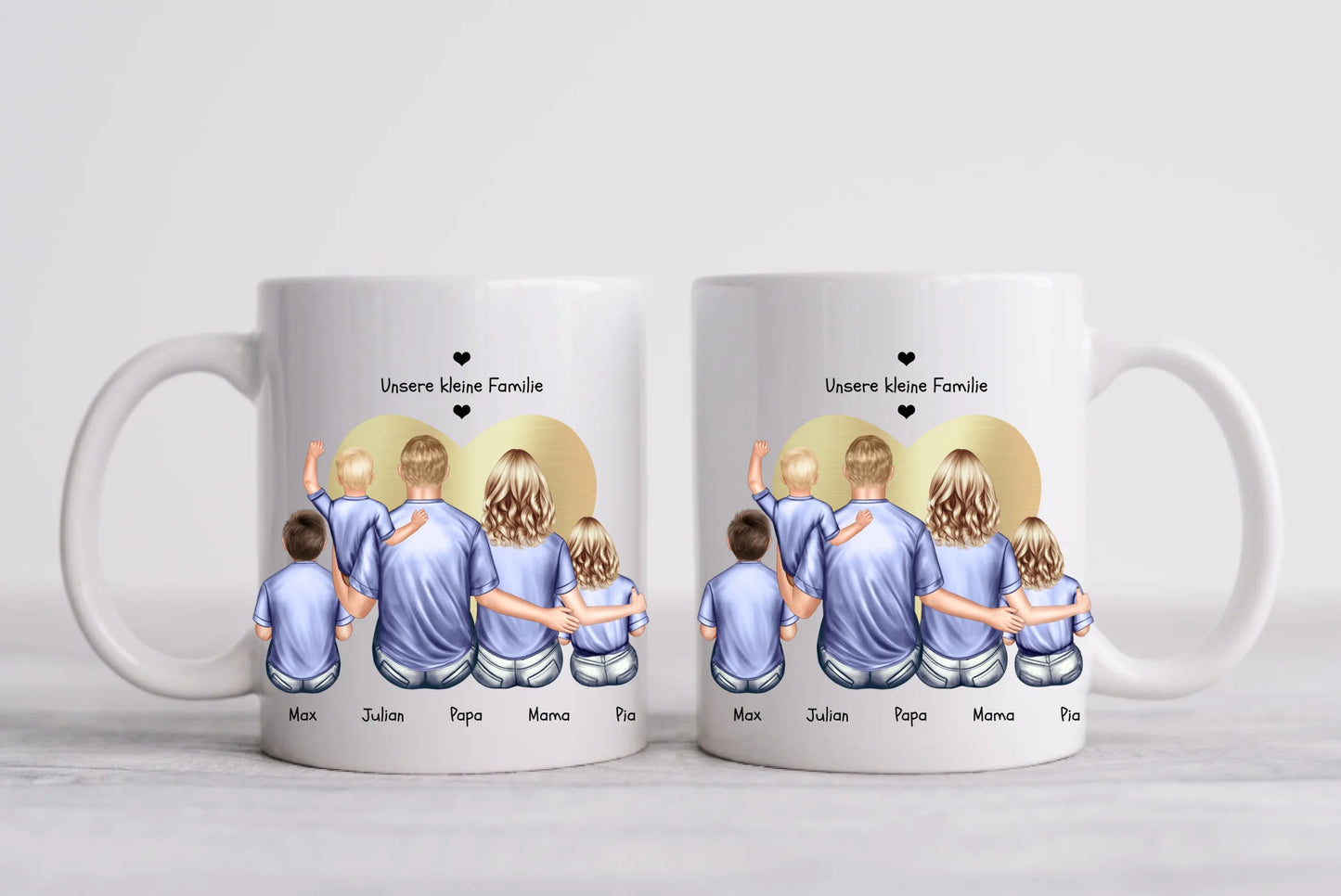 Muttertags- und Vatertagsgeschenk - Tasse personalisiert mit Eltern, Mama, Papa & 3 Kindern