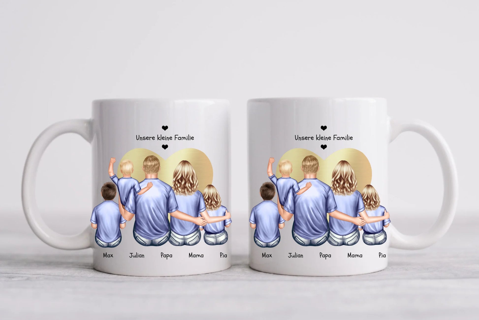 Muttertags- und Vatertagsgeschenk - Tasse personalisiert mit Eltern, Mama, Papa & 3 Kindern
