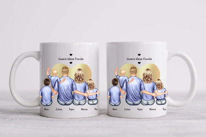 Muttertags- und Vatertagsgeschenk - Tasse personalisiert mit Eltern, Mama, Papa & 3 Kindern