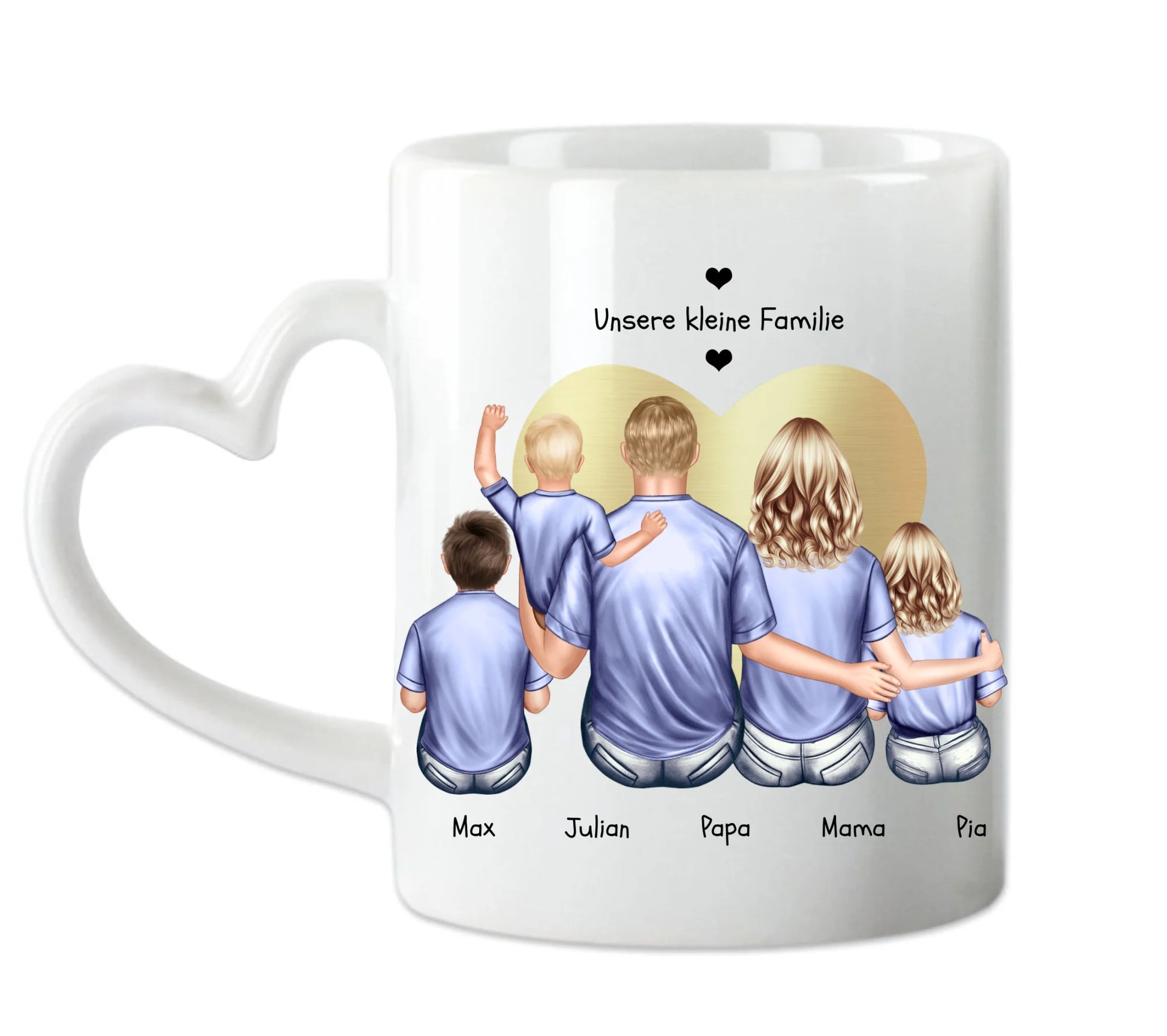 Muttertags- und Vatertagsgeschenk - Tasse personalisiert mit Eltern, Mama, Papa & 3 Kindern