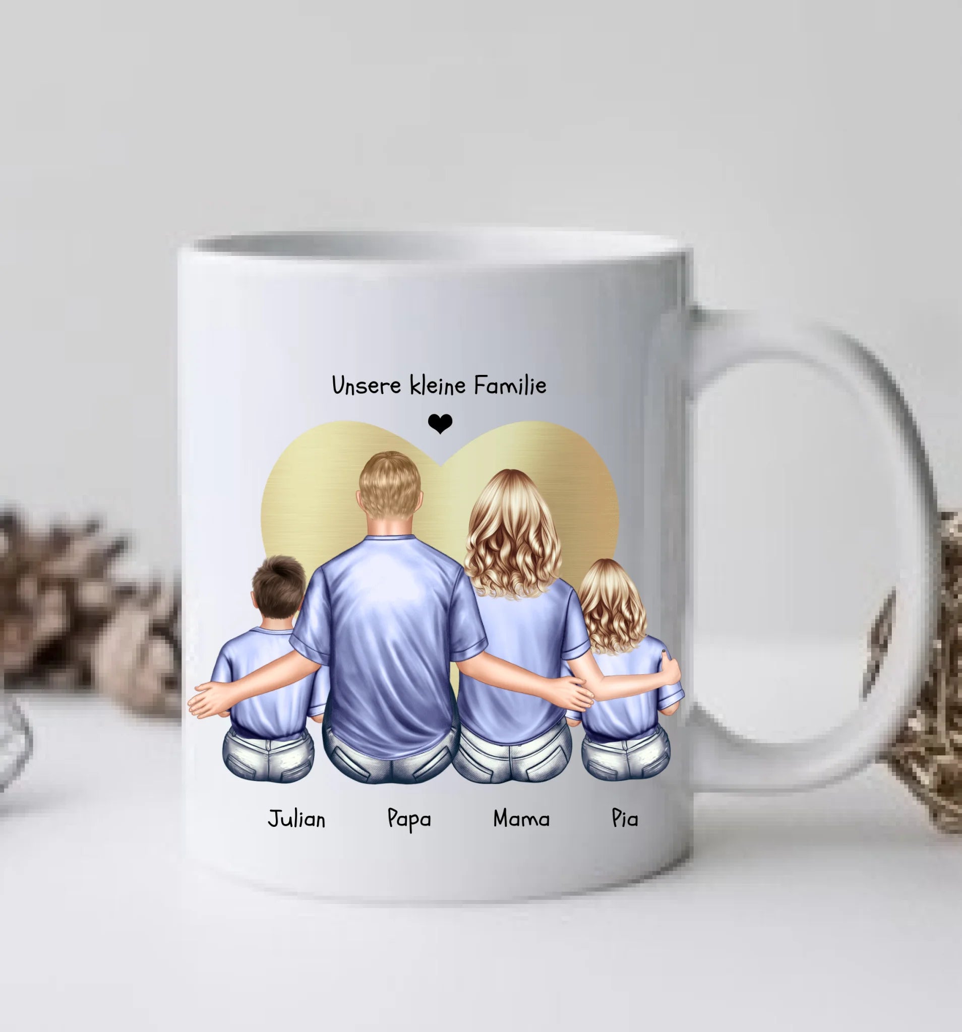 Vatertags- und Muttertagsgeschenk - Tasse personalisiert mit Mama, Papa & 2 Kindern