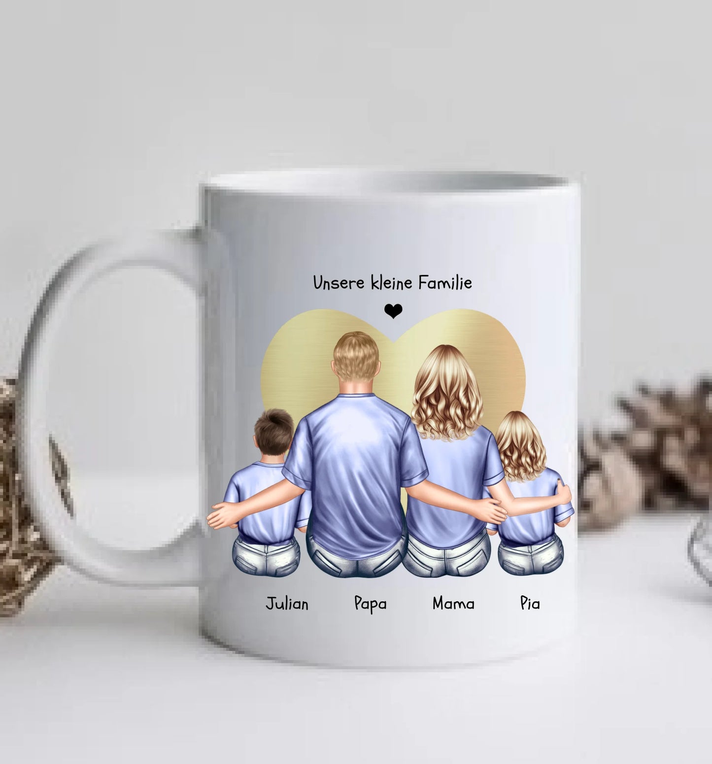 Vatertags- und Muttertagsgeschenk - Tasse personalisiert mit Mama, Papa & 2 Kindern