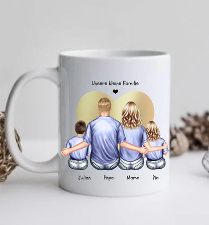 Vatertags- und Muttertagsgeschenk - Tasse personalisiert mit Mama, Papa & 2 Kindern