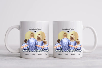 Vatertags- und Muttertagsgeschenk - Tasse personalisiert mit Mama, Papa & 2 Kindern