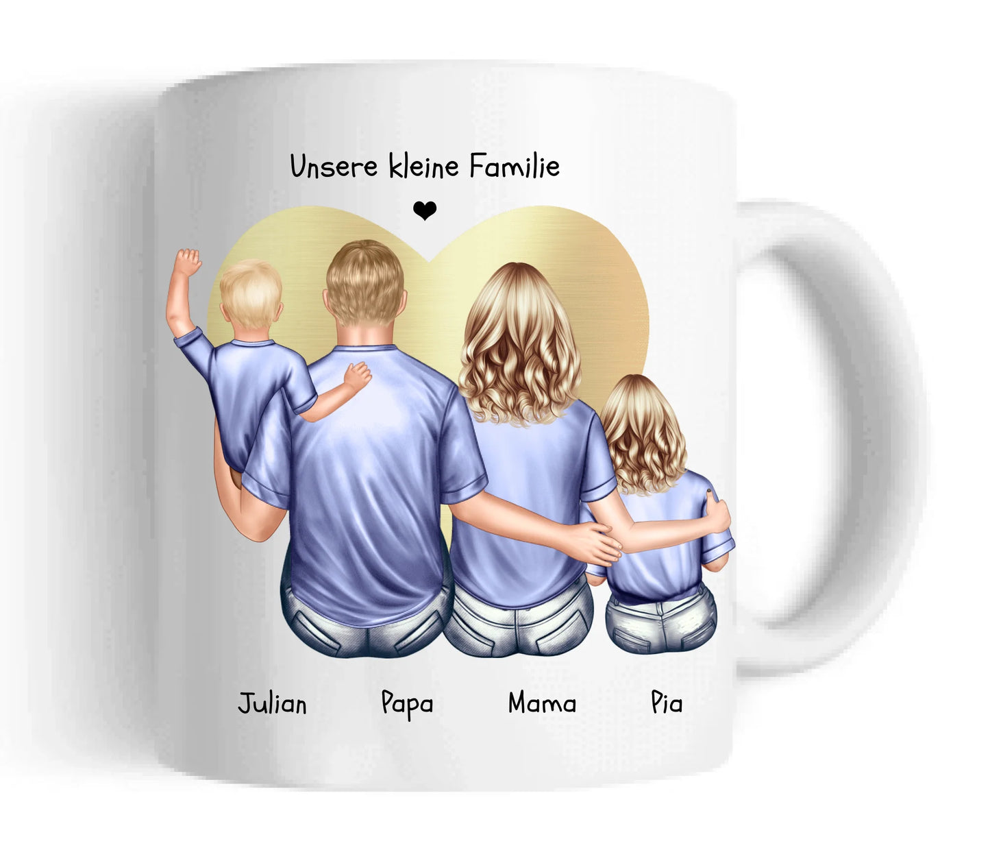 Muttertags- und Vatertagsgeschenk - Tasse personalisiert mit Mama, Papa & 2 Kindern Keramiktasse 330 ml Mug Classic - Panorama