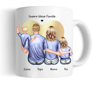 Muttertags- und Vatertagsgeschenk - Tasse personalisiert mit Mama, Papa & 2 Kindern Keramiktasse 330 ml Mug Classic - Panorama